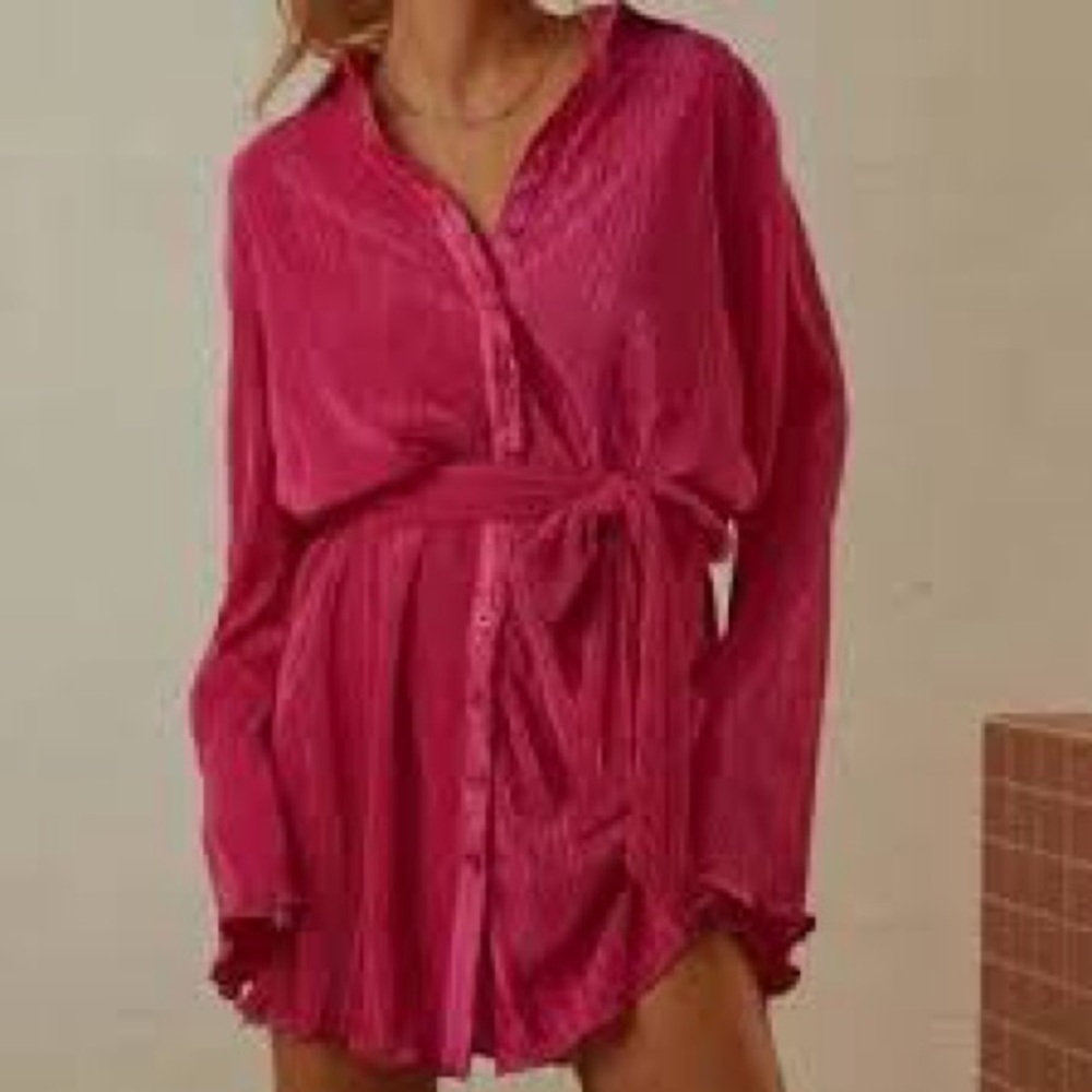 Pink V Neck Button Down Pleated Long Sleeve Mini Shirt Dress Belt Size L Party